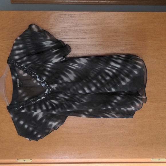 Express Black and White Print Sheer Beaded Top - Picture 1 of 6